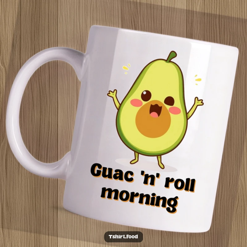 Funny surprised avocado mug showing a green fruit doing a silly dance, great for a funny gift.