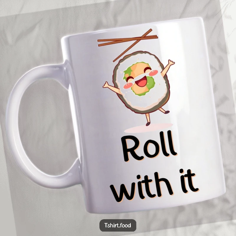 Funny mug featuring a smiling sushi roll performing a joyful cartwheel with chopsticks dramatically tossed in the air.