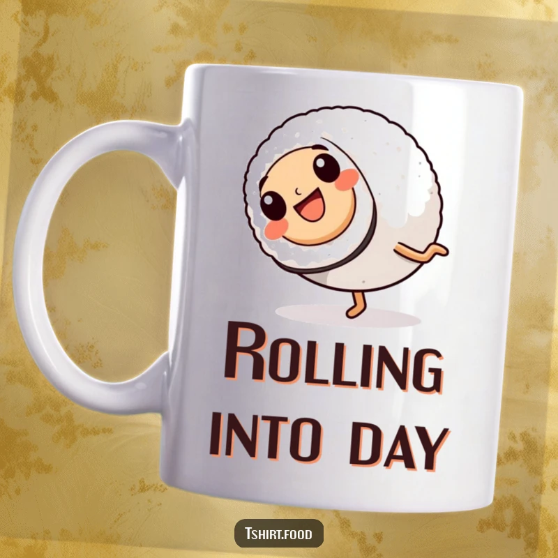 Funny Mug: A happy sushi roll with tiny legs performs a cheerful cartwheel, showcasing its energetic and joyful spirit.