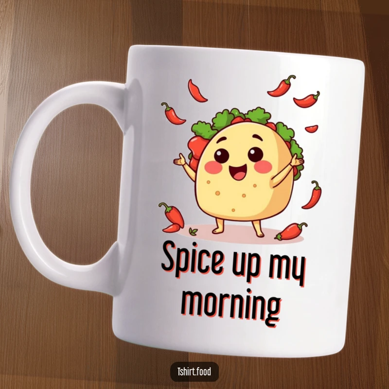 Funny Mug: A joyous cartoon taco skillfully juggling small, red chili peppers, radiating pure happiness and playful energy.