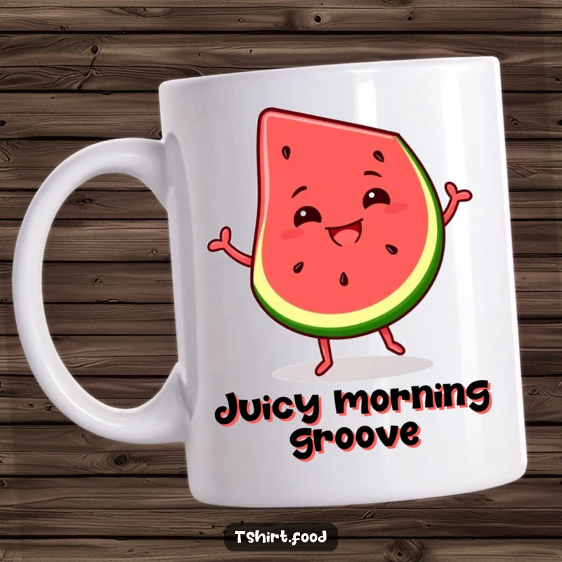 Funny mug featuring a slice of watermelon joyfully dancing with a wide, silly grin, exuding pure summer happiness.