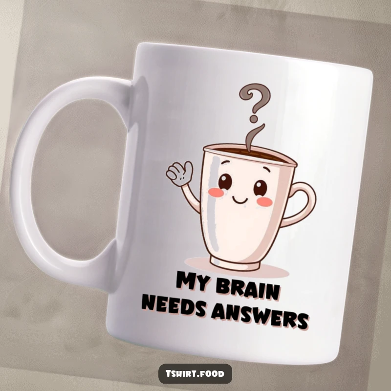 Funny waving coffee cup mug with steam forming a question mark, ready to ask 'what's brewing', perfect for a curious coffee enthusiast.