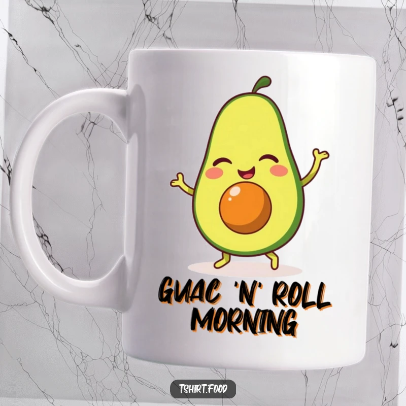 Funny mug featuring a winking avocado character joyfully performing a happy little jig, radiating pure delight and silliness.
