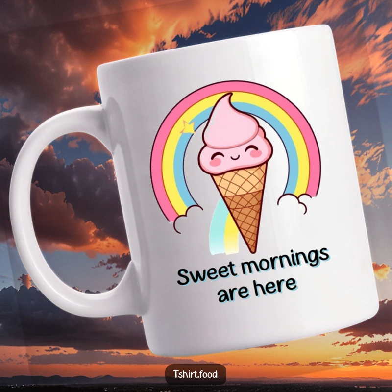 Funny winking ice cream cone sliding down a rainbow, a cheerful ice cream cone winking as it slides joyfully down a colorful rainbow.