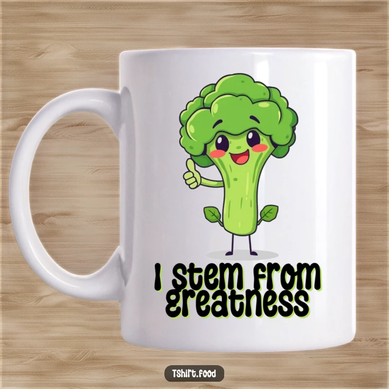 Funny broccoli character giving a thumbs up, balancing on its stem, on a mug. A cheerful and healthy gift.