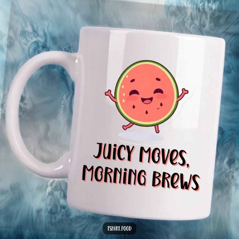 Funny dancing watermelon mug with a silly grin, spreading fruity joy and humor. Perfect for a great gift.