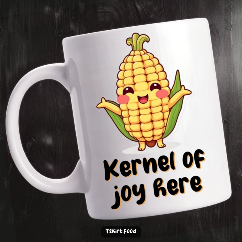 Funny mug featuring a cheerful corn cob character with outstretched arms, eagerly offering a warm, veggie-powered hug.