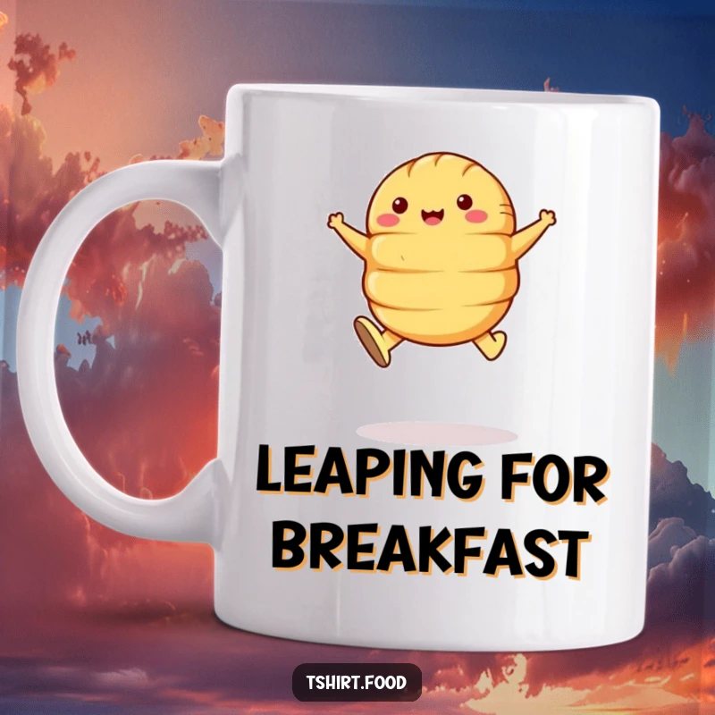 Funny Croissant Leap Mug: A happy croissant with butter shoes jumps for joy, celebrating breakfast delight.