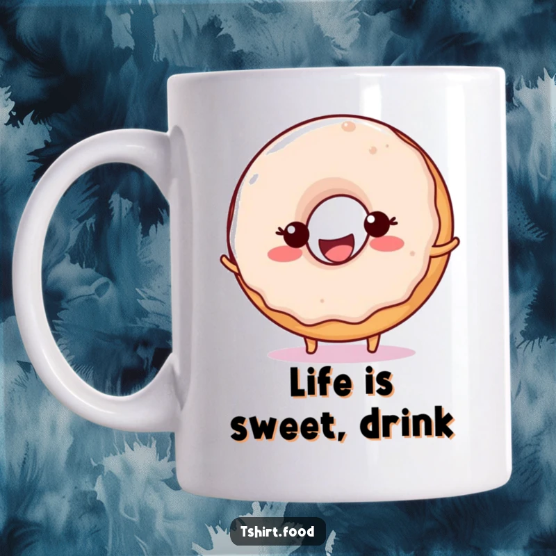 Funny Donut Ball Bounce Mug featuring a happy donut with a big smile joyfully bouncing a small ball, perfect for cheerful mornings.