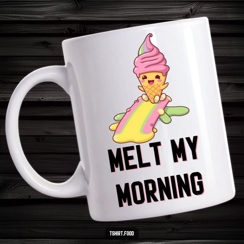Funny mug featuring a smiling ice cream cone character joyfully sliding down a vibrant rainbow after melting, conveying sweet adventure.