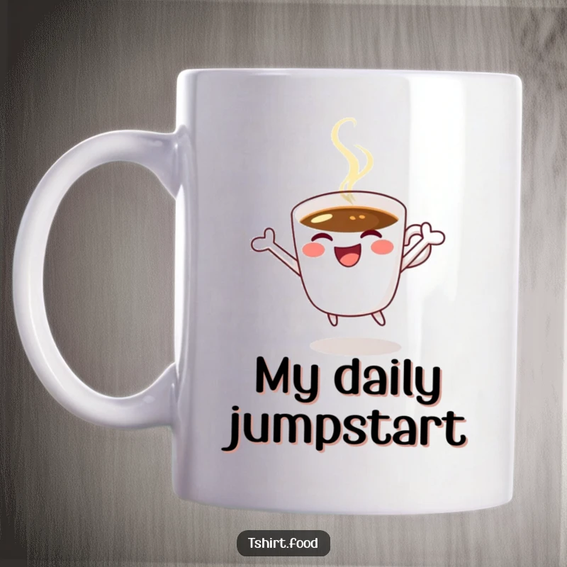 Funny coffee mug featuring a cheerful coffee cup winking and jumping for joy, radiating energy and happiness.