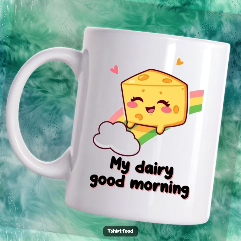 Funny Winking Cheese Wedge Mug, cheerfully sliding down a vibrant rainbow with a gleeful expression, perfect for a laugh.