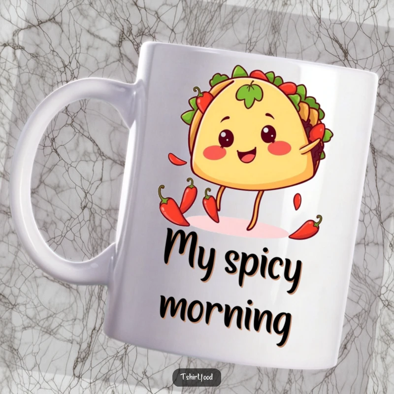 Funny juggling taco mug with legs, bravely juggling tiny chili peppers, a hilarious and spirited design for taco enthusiasts.