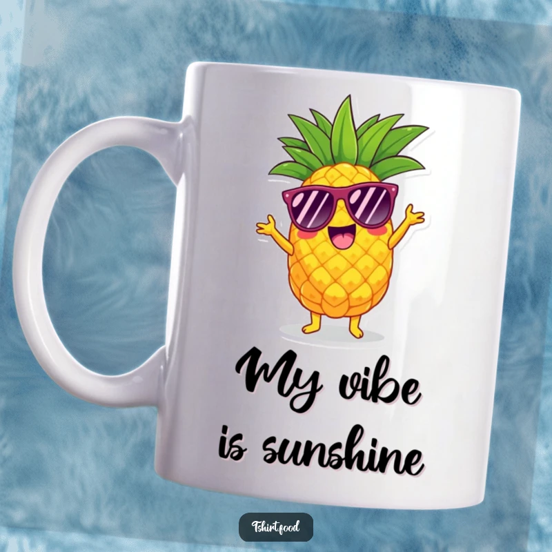 Funny pineapple mug with sunglasses doing a vibrant shimmy, radiating tropical sunshine and pure, unadulterated fun.