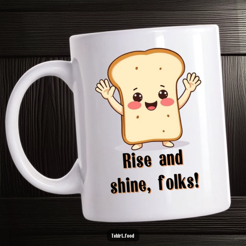 Funny happy loaf of bread doing jazz hands with a big smile on a coffee mug, a truly joyful item.