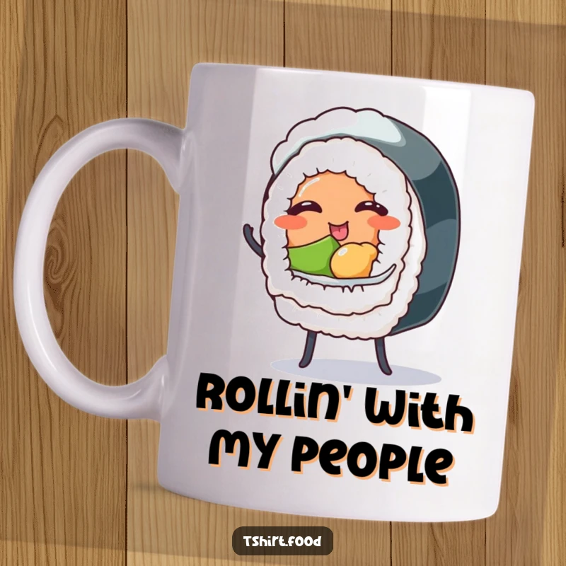 Funny mug featuring a winking sushi roll with tiny legs enthusiastically dancing, bringing playful energy and a smile.