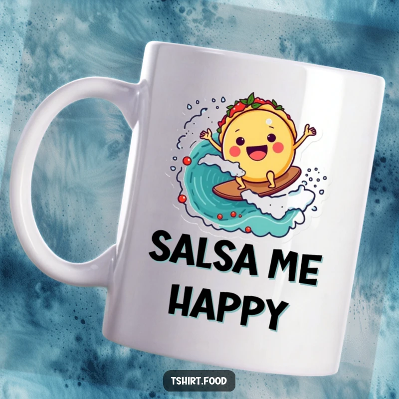 Funny mug featuring a round taco character joyfully surfing a vibrant salsa wave, expressing pure delight and a love for Mexican food.