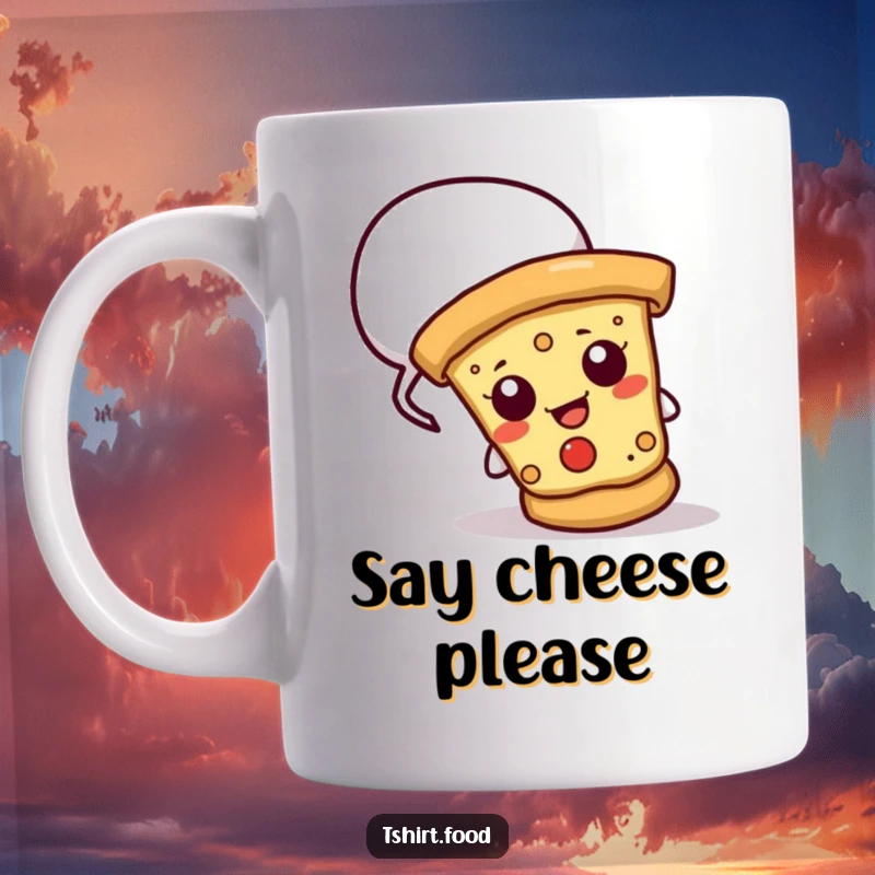 Funny mug featuring a cheesy pizza slice peeking from a speech bubble, conveying a humorous and talkative vibe.
