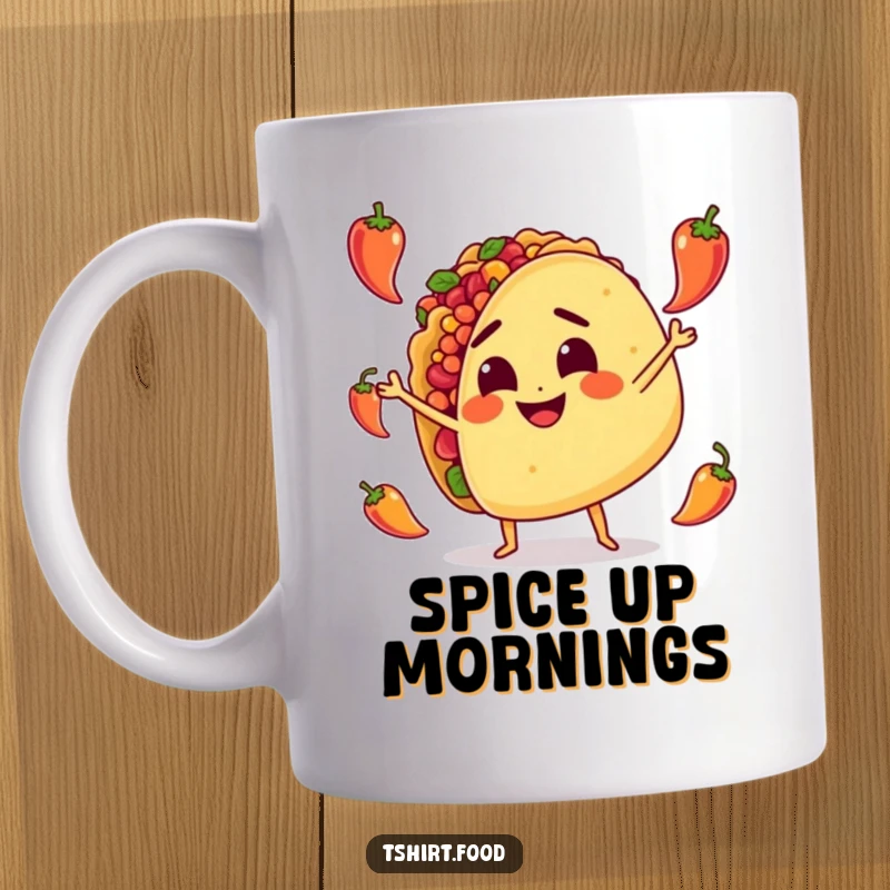 Funny Mug: A smiling taco character determinedly juggles tiny spicy peppers, showcasing its culinary dexterity with a mischievous grin.