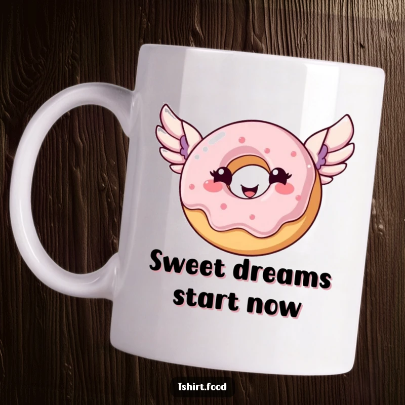 Funny donut mug featuring a happy donut with wings joyfully soaring through the air, embodying sweet freedom.