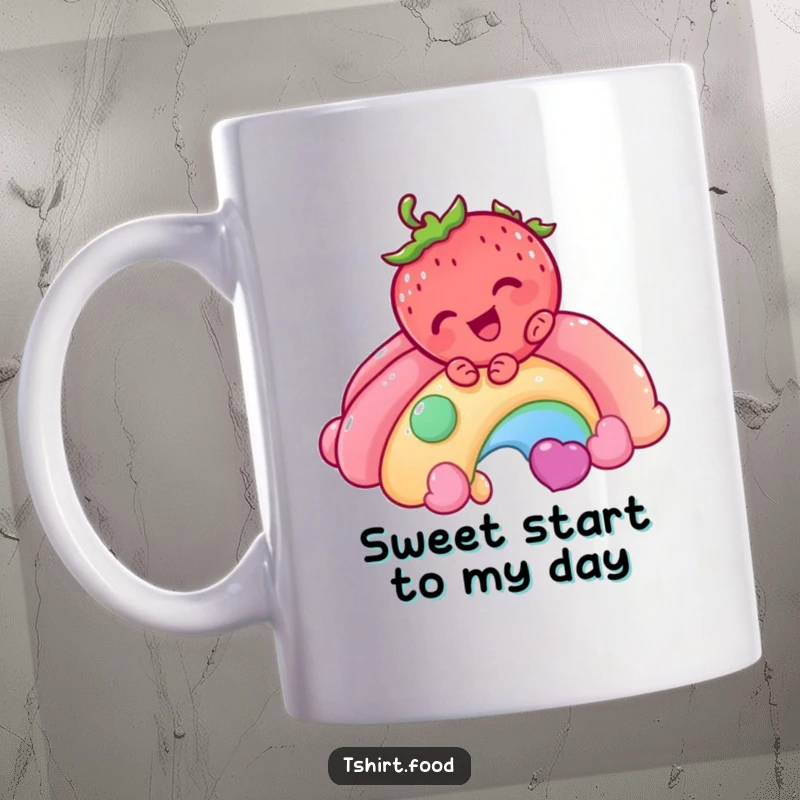Funny Strawberry Rainbow Mug featuring a giggling strawberry character joyfully sliding down a vibrant rainbow made of candy, radiating fun.