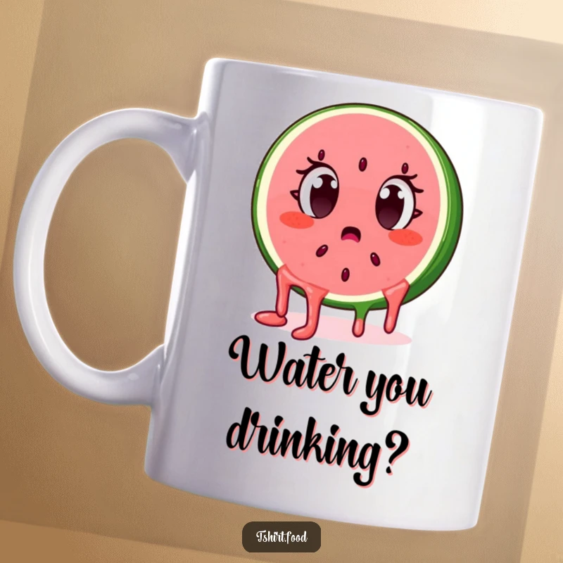 Funny surprised watermelon slice character with dripping seeds, eyes wide, on a mug. A humorous and juicy design.