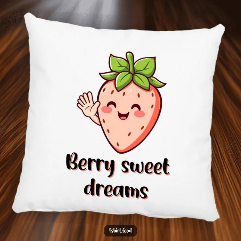 Funny pillow featuring a happy strawberry character with leafy hair, giving a soft and humorous wave for maximum comfort.