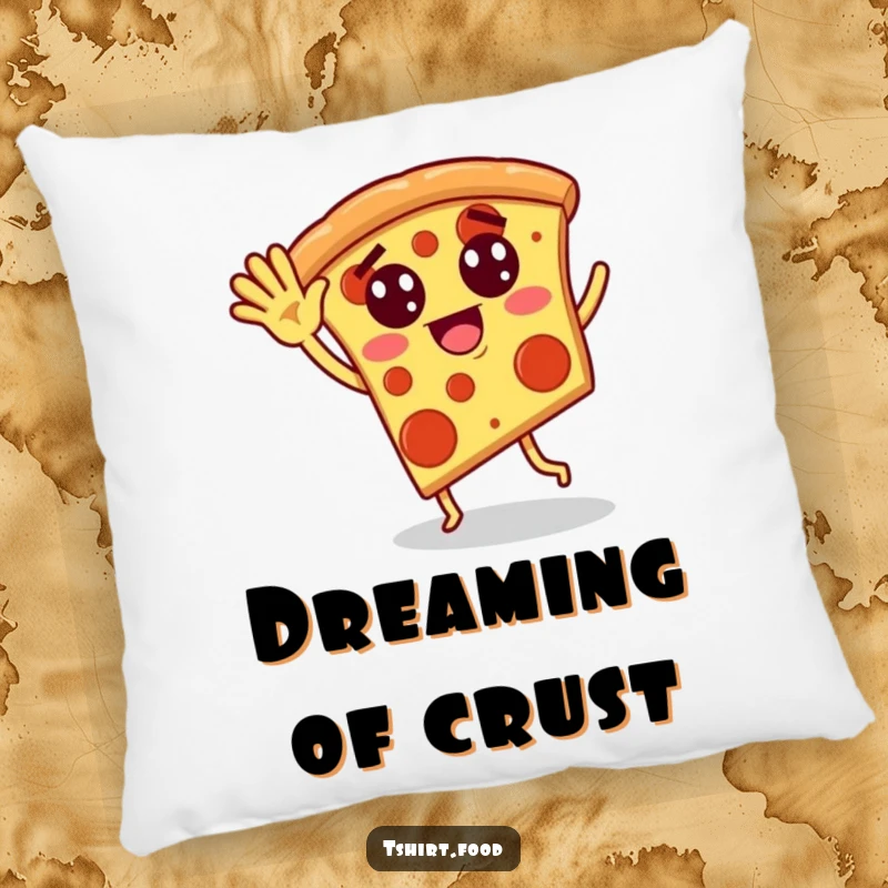 Funny pillow featuring a pizza slice with pepperoni eyes waving and doing a silly dance, perfect for adding cozy comfort and humor.