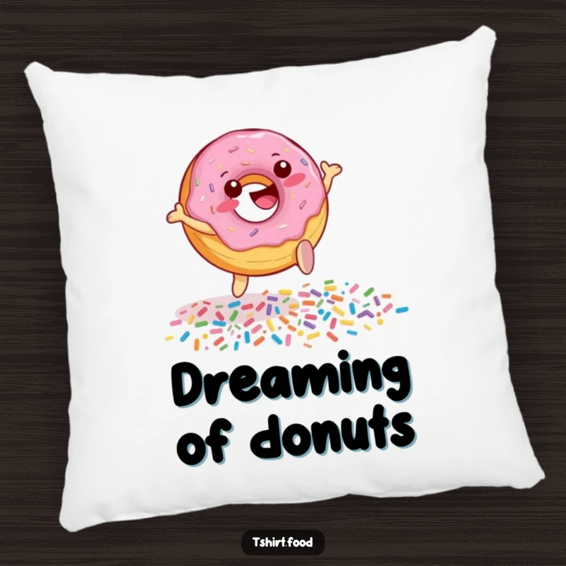 Funny Donut Sprinkle Leap Pillow featuring a cheerful donut character leaping over sprinkles, providing plush comfort and a sweet, humorous accent.