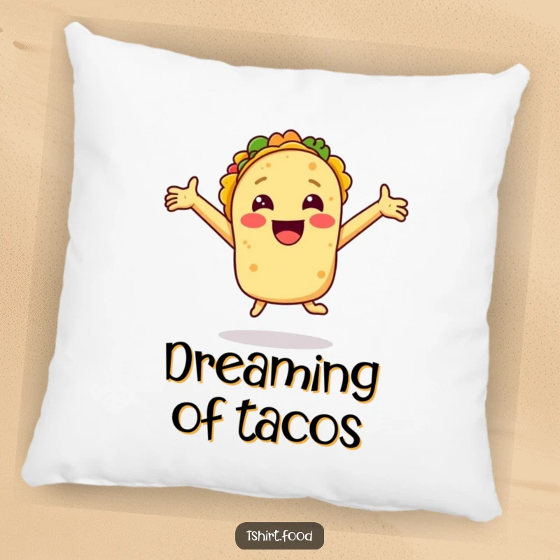 Funny pillow featuring a smiling taco with arms outstretched jumping for joy, offering comfort and a touch of festive humor.