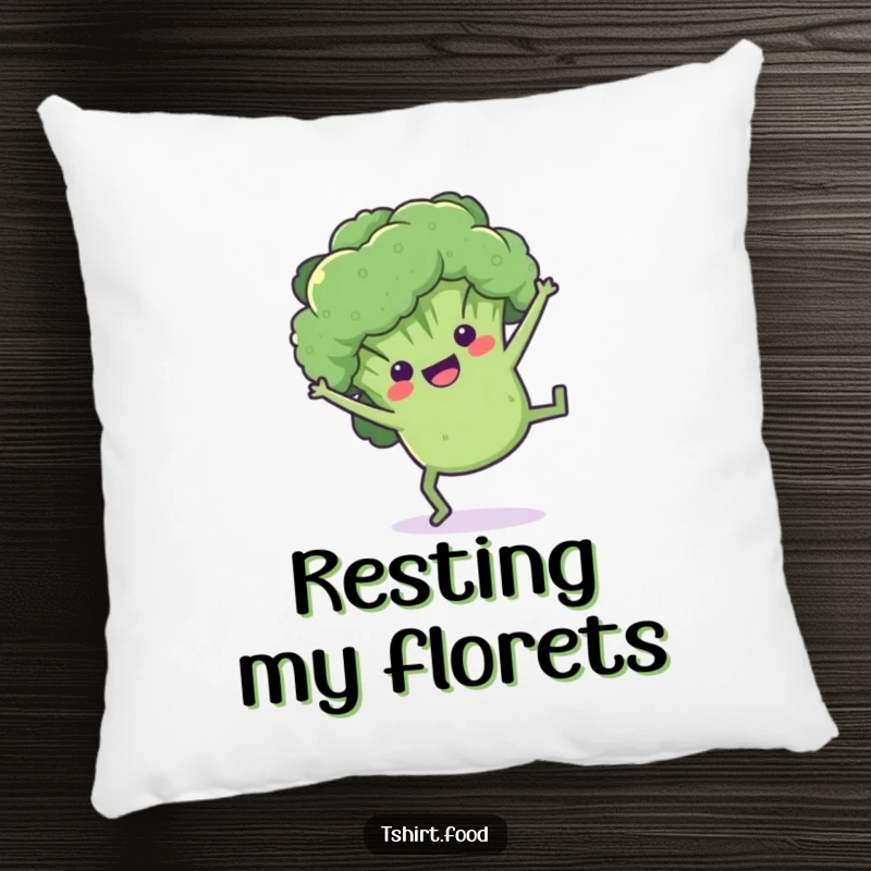 Funny broccoli pillow with a playful floret doing a cartwheel, offering soft, healthy humor and comfort.