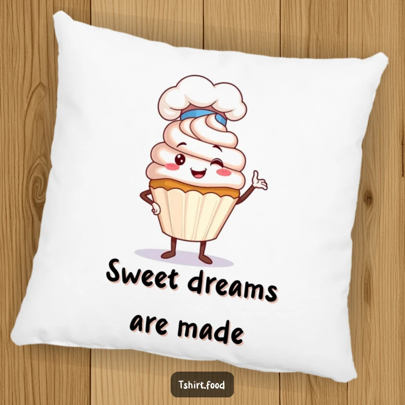 Funny Cupcake Chef Pillow featuring a proud cupcake character in a chef hat, offering plush comfort and a humorous nod to baking expertise.