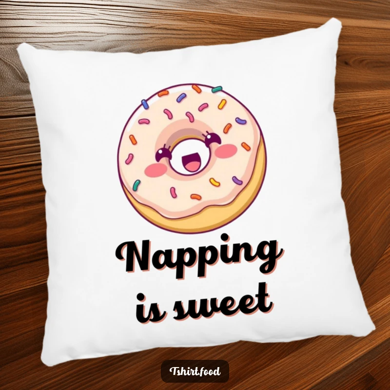 Funny Pillow: A happy donut with colorful sprinkles bounces with excitement, bringing soft, sweet humor and comfort to any room.