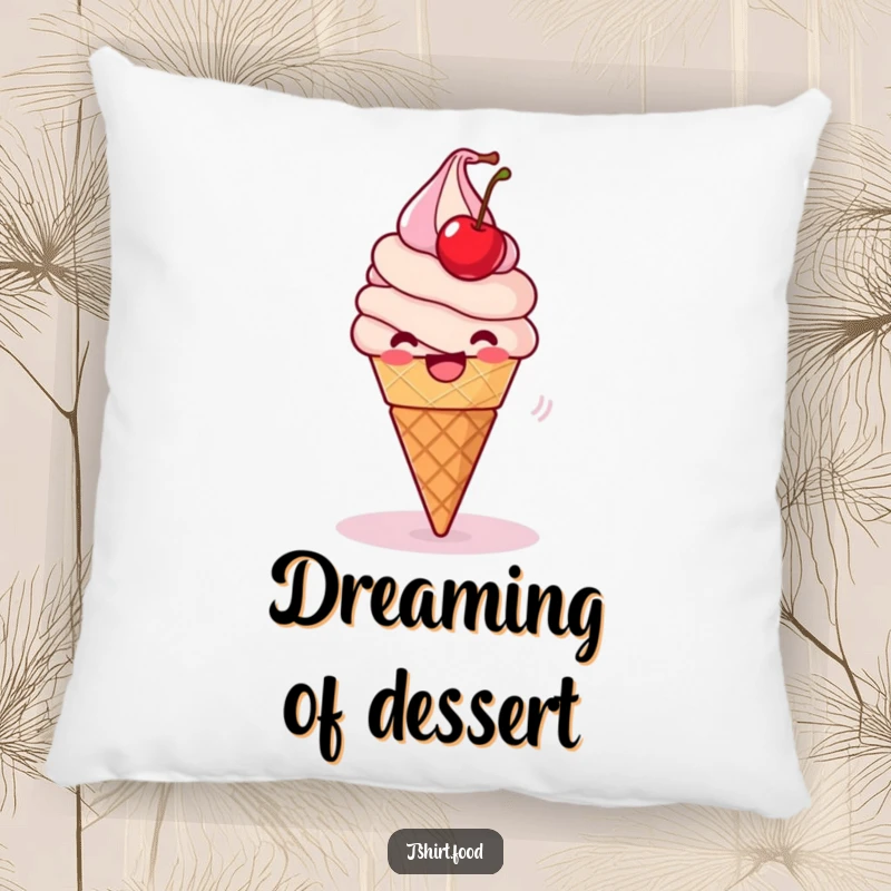 Funny Pillow: A delighted ice cream cone spins playfully with its cherry wobbling on this soft and cozy decorative pillow.