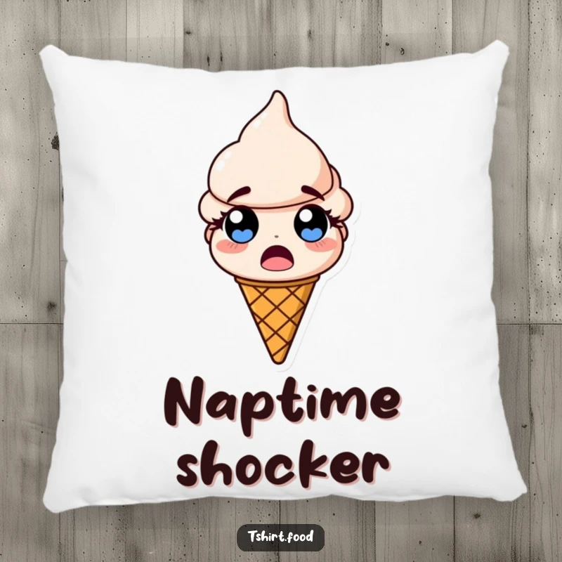 Funny plush pillow featuring a shocked ice cream cone with wide, bulging eyes, perfect for adding comfort and humor.