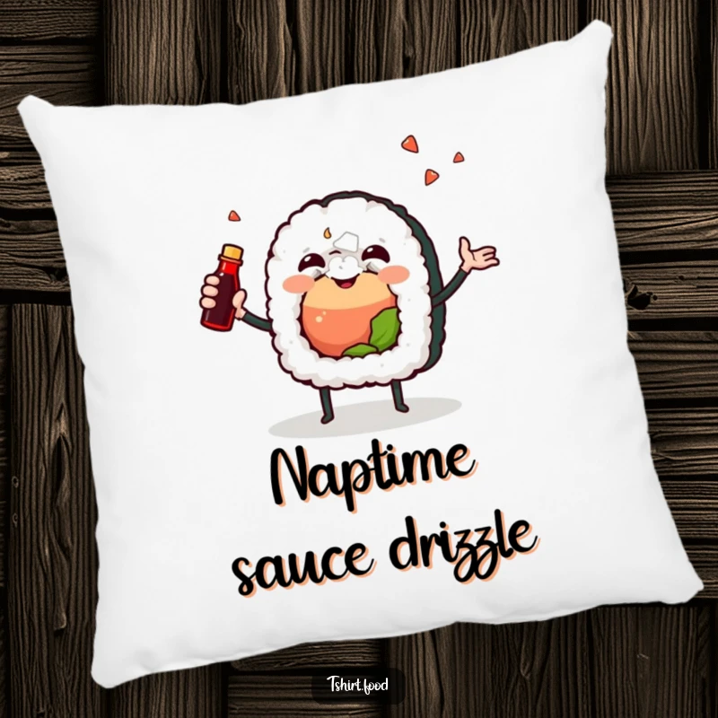 Funny pillow with a joyful sushi roll character happily juggling a soy sauce bottle, providing cozy comfort and culinary humor.