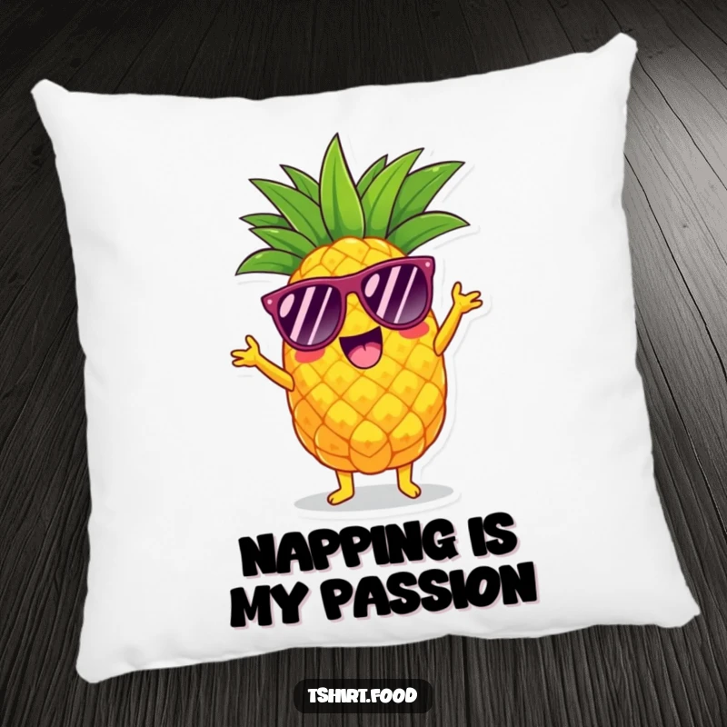 Funny pineapple pillow with a character in sunglasses doing a happy shimmy, offering comfort and tropical cheer.