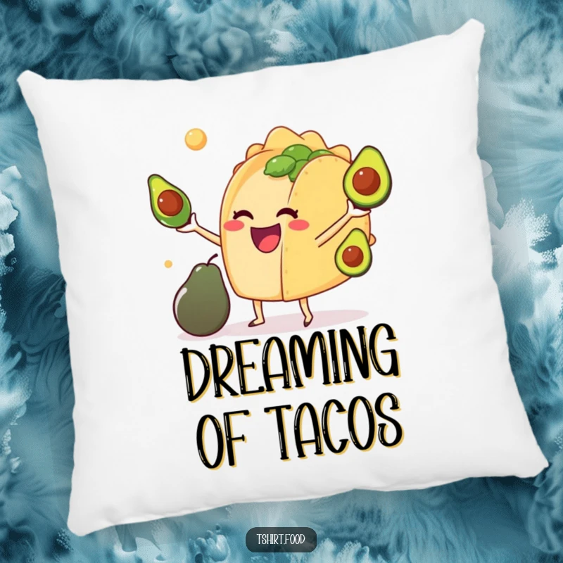 Funny pillow featuring a delighted anthropomorphic taco juggling miniature avocados, perfect for adding humor and comfort to any space.
