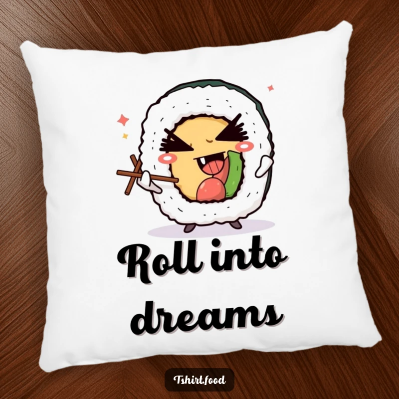 Funny pillow design depicting a winking sushi roll character juggling chopsticks with a mischievous expression, adding Japanese food humor to decor.
