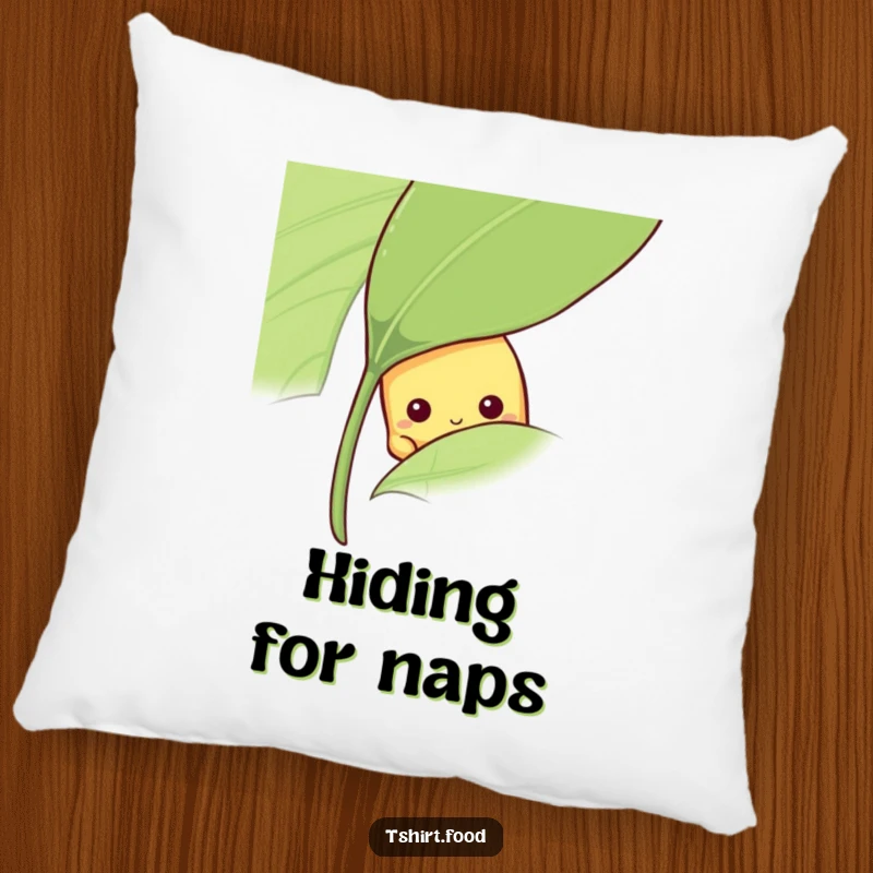 Funny shy banana pillow with a fruit peeking from behind a leaf, a comfy funny gift.
