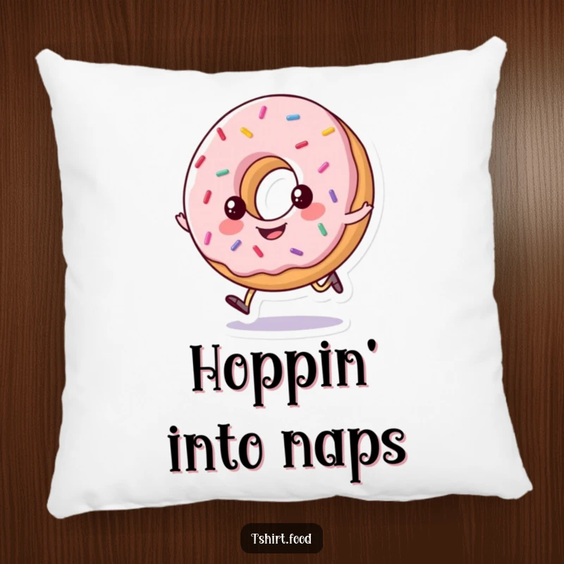 Funny pillow featuring a happy, sprinkled donut doing a little hop, offering comfort and cheerful, food-themed decor.