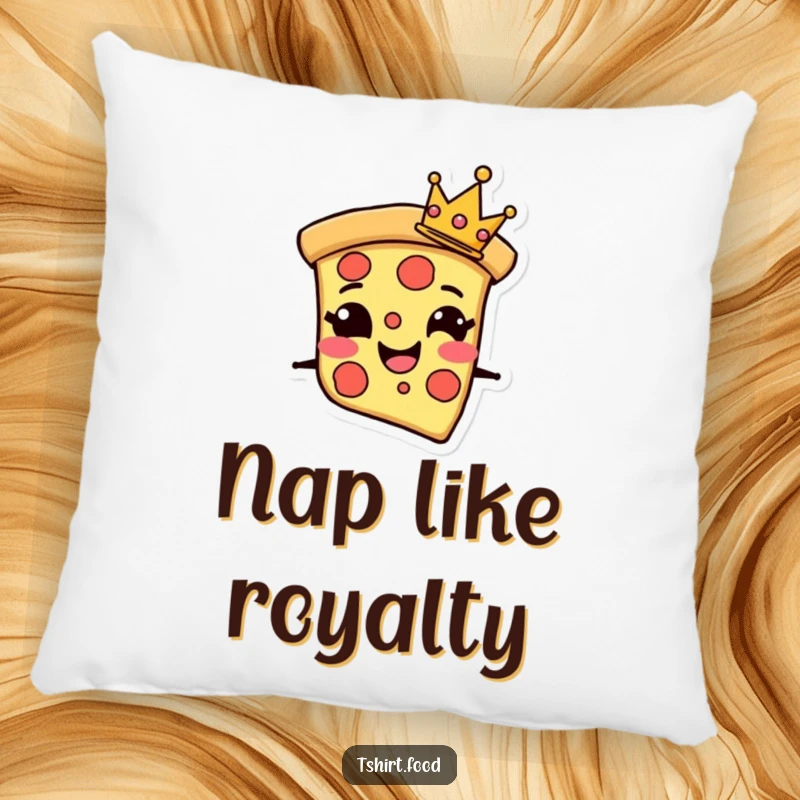 Funny Pillow with a grinning pizza slice character wearing a tiny crown, offering cozy comfort and cheesy charm.