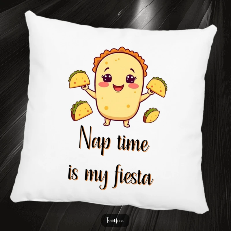 Funny Taco Juggling Pillow featuring a smiling taco tossing tiny tacos, providing comfort and a humorous focal point for any couch or bed.