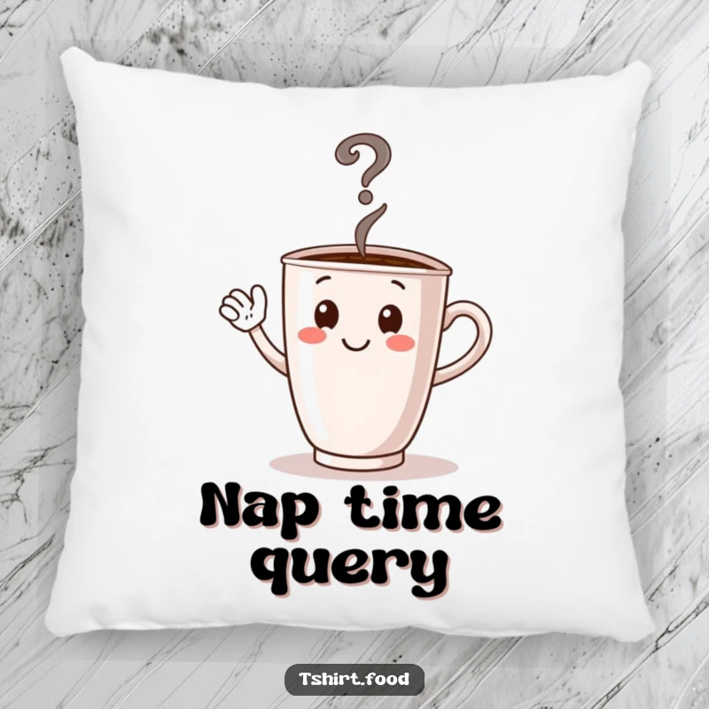 Funny decorative pillow featuring a waving coffee cup character with steam forming a question mark, perfect for cozy, humorous spaces.