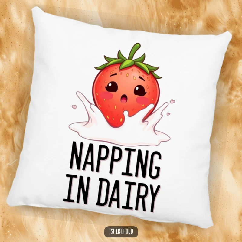 Funny surprised strawberry blushing as it falls into a milk splash pillow, a blushing strawberry landing in creamy milk, perfect for funny decor.