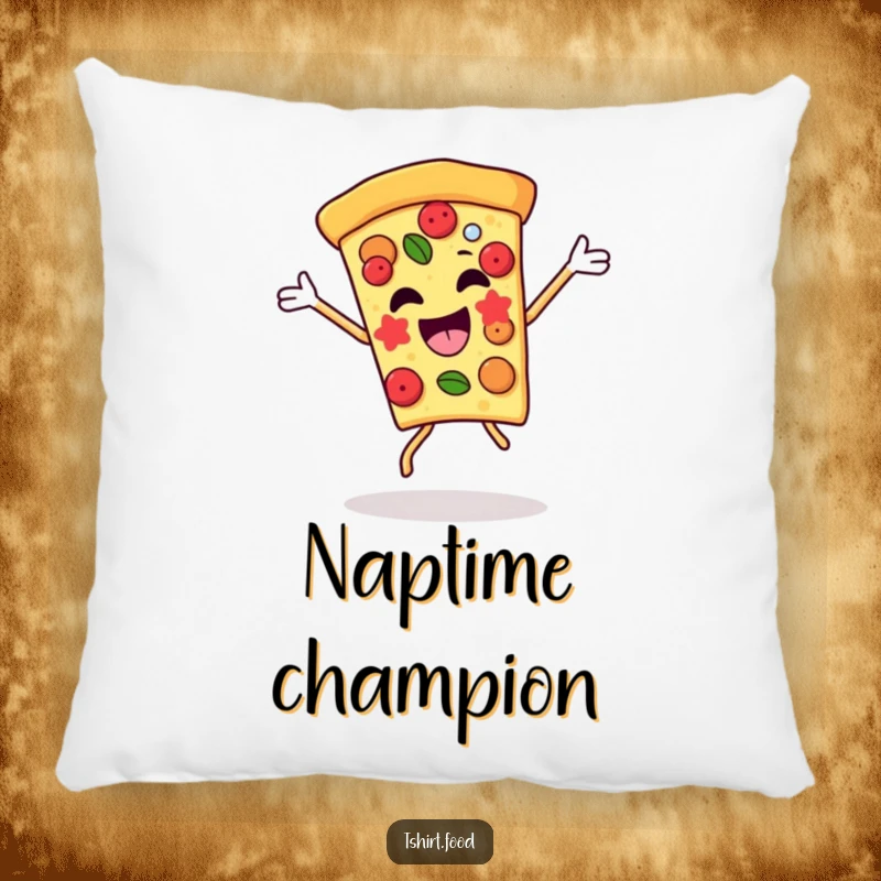 Funny pizza slice pillow in a celebratory dance, its toppings wiggling with joy. A soft and humorous accent for any room.