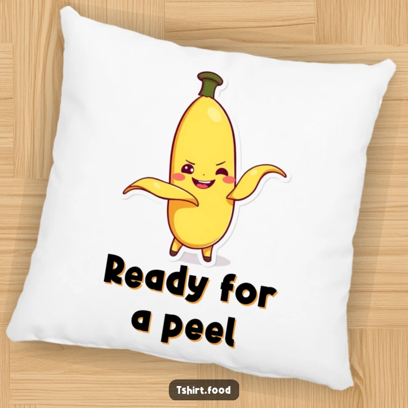 Funny banana character peeling itself with a mischievous grin, on a soft pillow accessory. Comfy and comical.