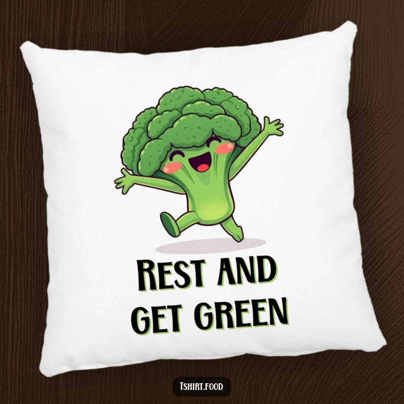 Funny Broccoli Pillow: A happy broccoli character in a cartwheel pose with arms open, offering comfort and a smile.