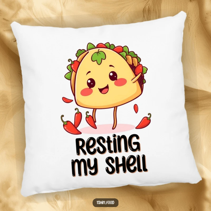 Funny taco juggling pillow featuring a smiling taco with legs juggling chili peppers, designed for comfort and humorous appeal.