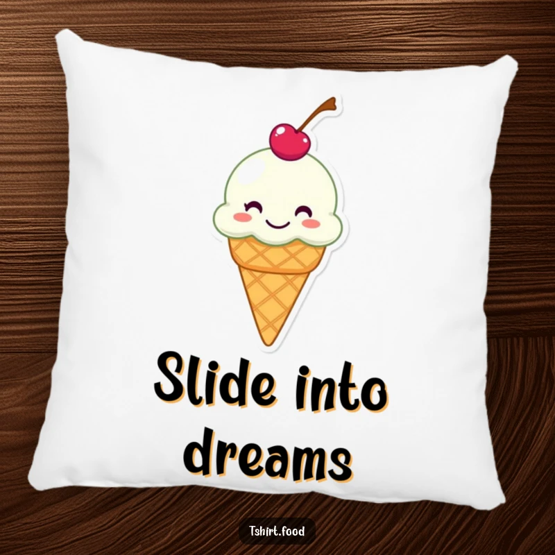 Funny pillow featuring a grinning ice cream cone with a cherry on top, humorously sliding, offering comfort and dessert-themed decor.